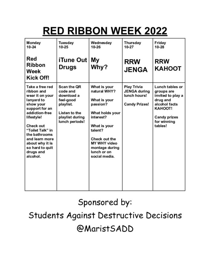 The schedule for events of Red Ribbon Week at Marist starting 10/24.  