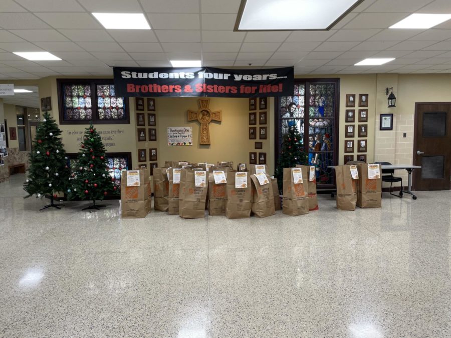 Completed Thanksgiving Drive bags from each classroom prior to being sent out to families in need. 