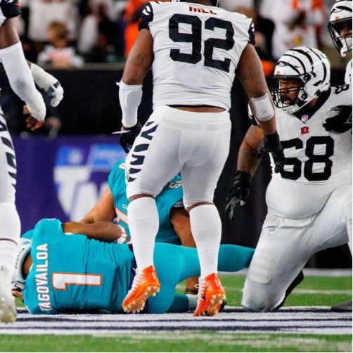 Miami Dolphins quarterback Tua Tagovailoa moments after experiencing his 2nd confirmed concussion of the 2022 NFL season