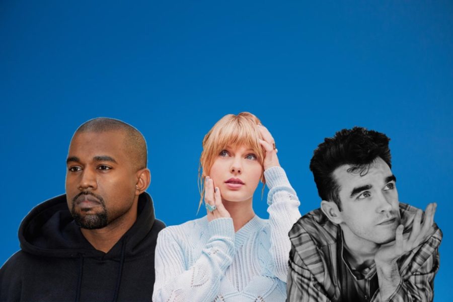 The three artists in the article: Kanye West (left), Taylor Swift (middle), and Morissey (right).