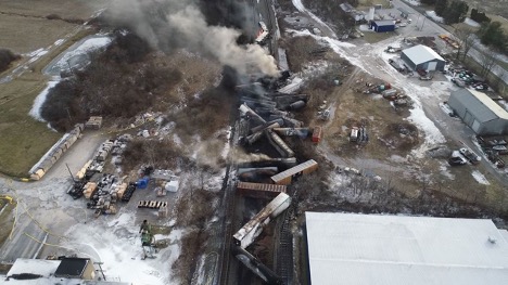A helicopter overview of the aftermath of the crash in East Palestine, Ohio. 