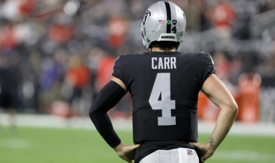 Former+Las+Vegas+Raiders+quarterback+Derek+Carr+taking+in+the+crowd+at+Allegiant+Stadium+in+Las+Vegas.+This+would+be+Carr%E2%80%99s+last+season+with+Vegas+as+he+has+moved+to+New+Orleans+this+NFL+off-season.