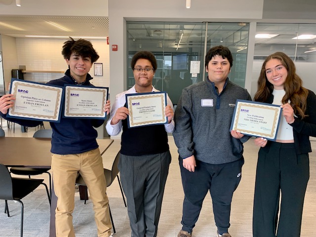 Regular MHS Media contributors and award winners (from left) Ethan Froylan, Trinity Eadie, Vincent Quiroz, and Ava Krueger
