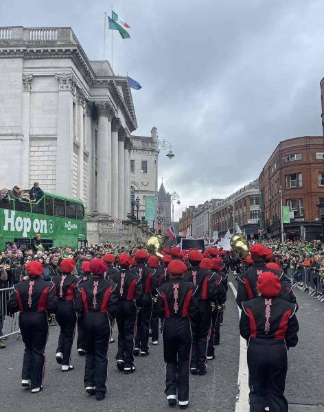 Marist band marching in the 2023 Saint Patrick’s Parade in Dublin, Ireland