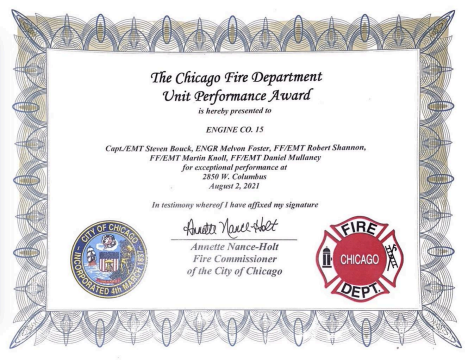 Copy of award from the Chicago Fire Department provided by Chief Bouck 
