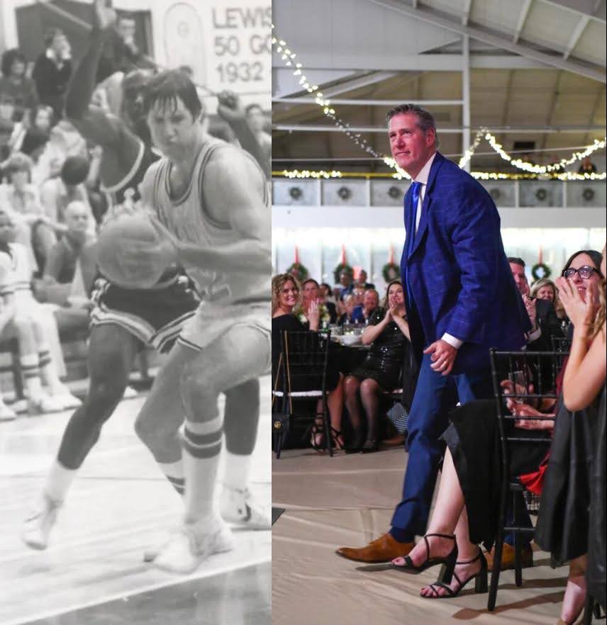 Mr. Tucker during a game in 1983 (left), and before his speech for the Sportsplex’s grand opening in 2023 (right).
