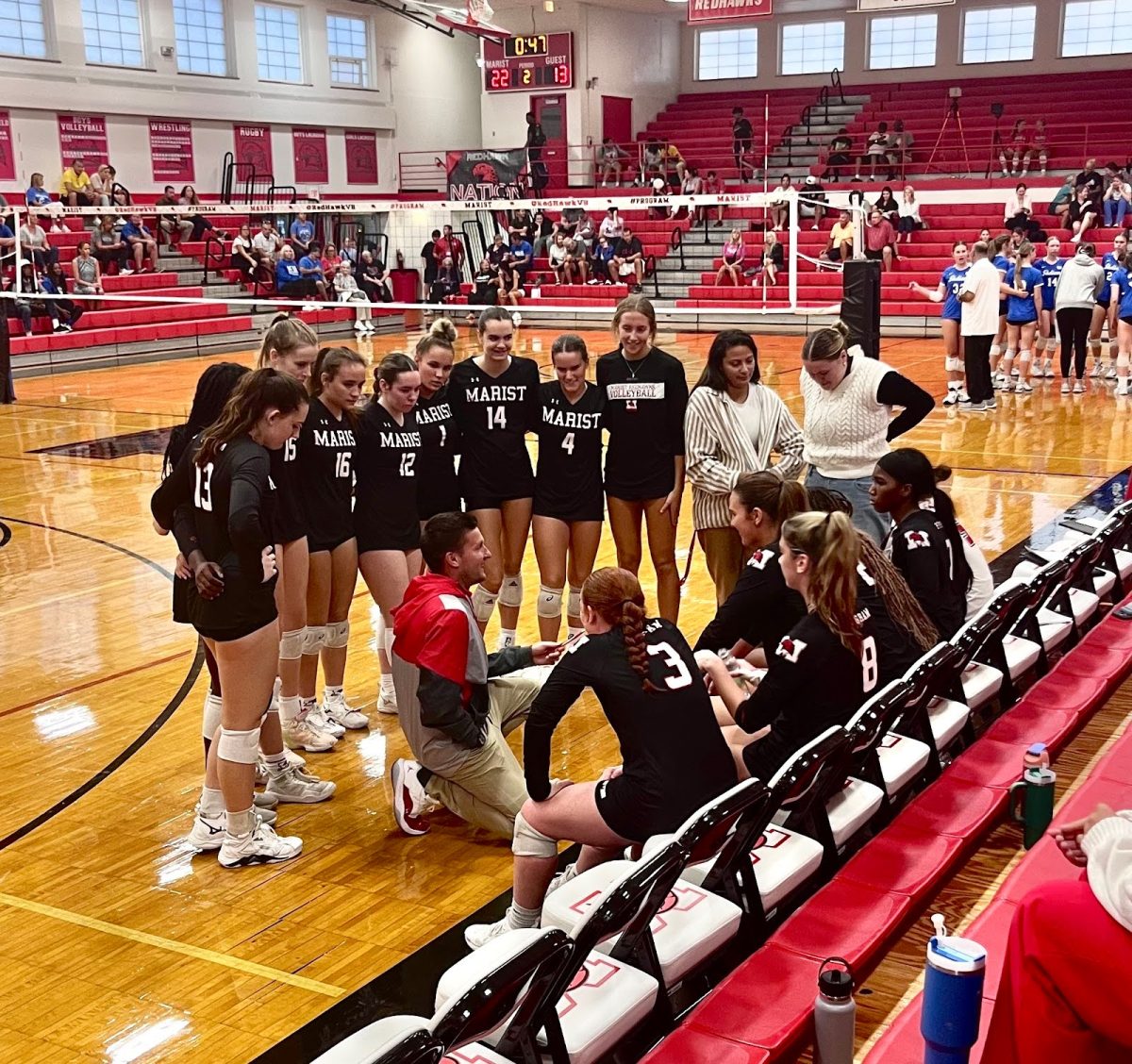 Varsity team during a timeout against Lake Central High School 