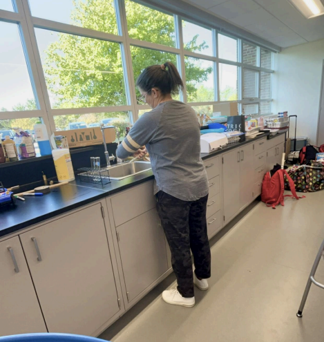 Mrs. Sullivan cleaning test tubes after a lab