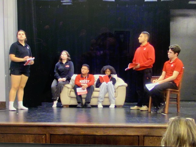 The cast of "Clue" during rehearsal in the RedHawk Theatre