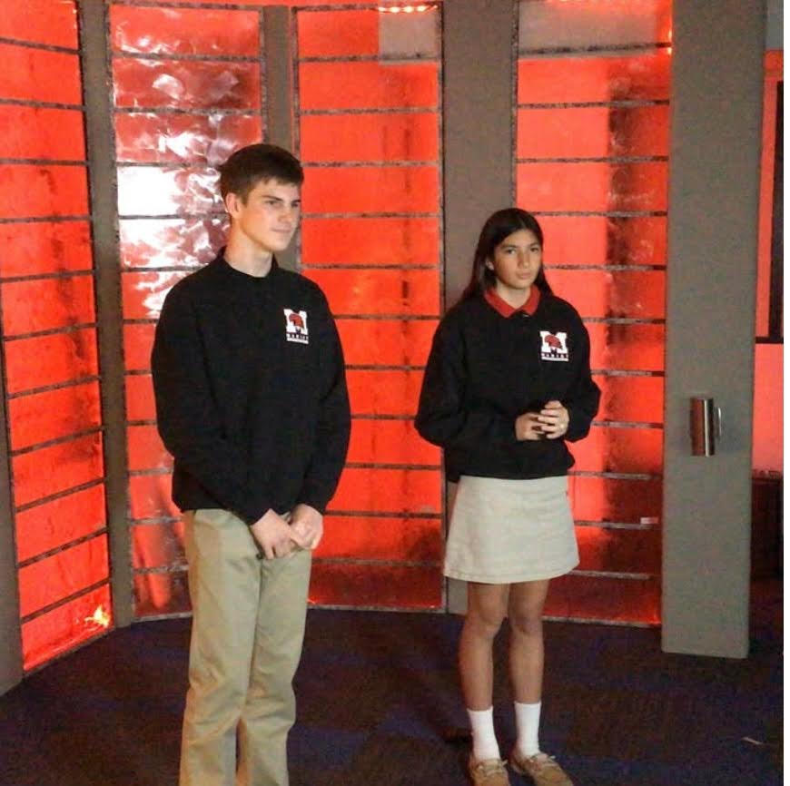 Kevin Curley and Molly Haynes hosting the "MHS Studio Magazine" Christmas episode (Credit: @MaristBroadcasting on Instagram)
