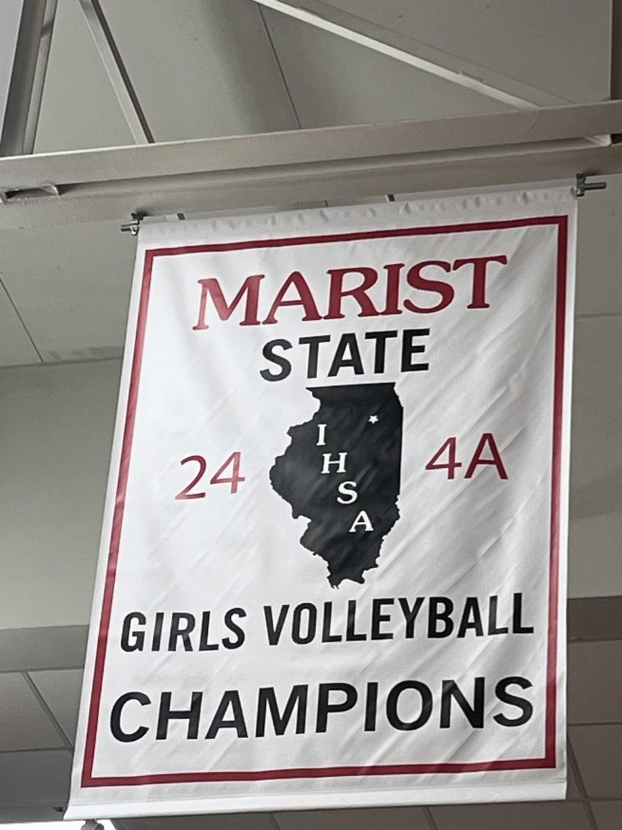 The new banner in the main gym celebrating the state champion girls volleyball team