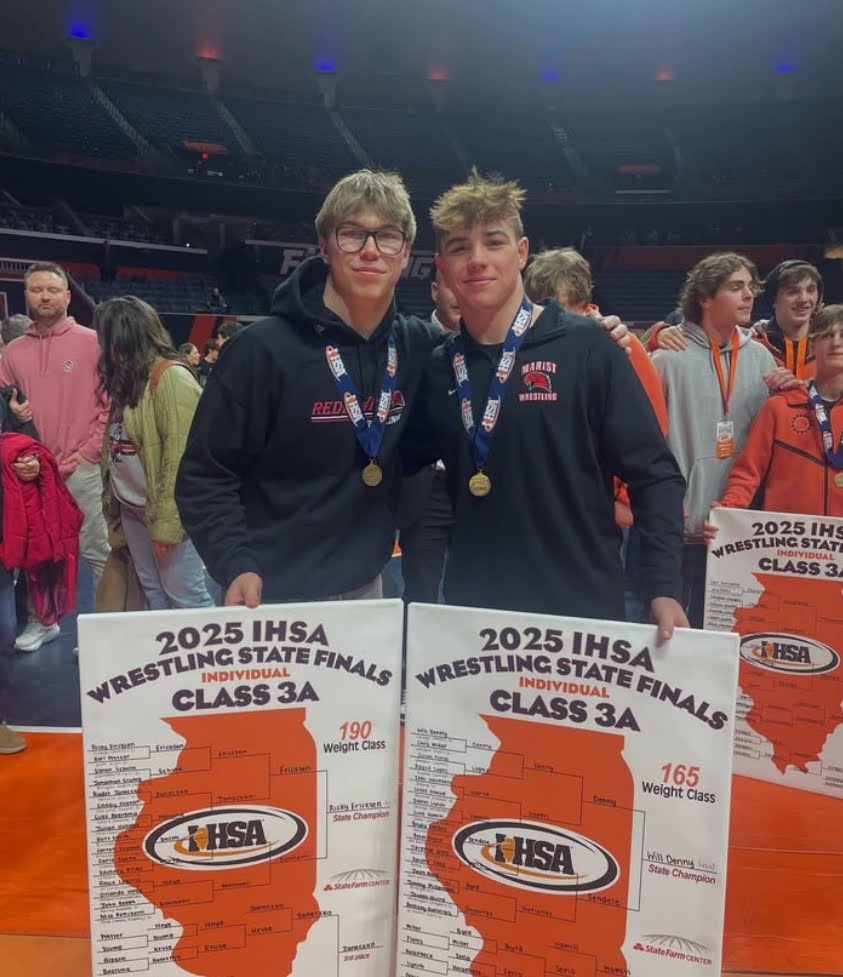 Wrestlers Ricky Ericksen (L) and Will Denny (R) after winning their state championship (Credit: Ericksen's Instagram)