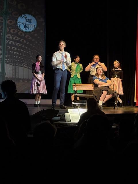 Kevin Curley and others in the cast on stage during a performance of 'Bye Bye Birdie'