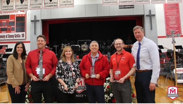 2025 Champagnat Educator Awards presented April 30 (L-R) Principal Meg Dunneback, with recipients, Dan Higgins, Marlene Micetich, John Gonczy, and Tom Gouterman, along with President Larry Tucker (Credit: Marist Chicago Instagram)