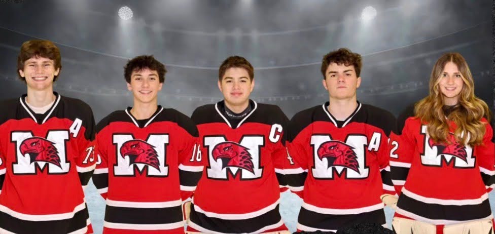 Seniors Charlie Stalzer, Frankie Levato, Gabe Beltran, Aidan McDonnell, Makayla Francis (Credit: Marist RedHawks hockey Instagram)